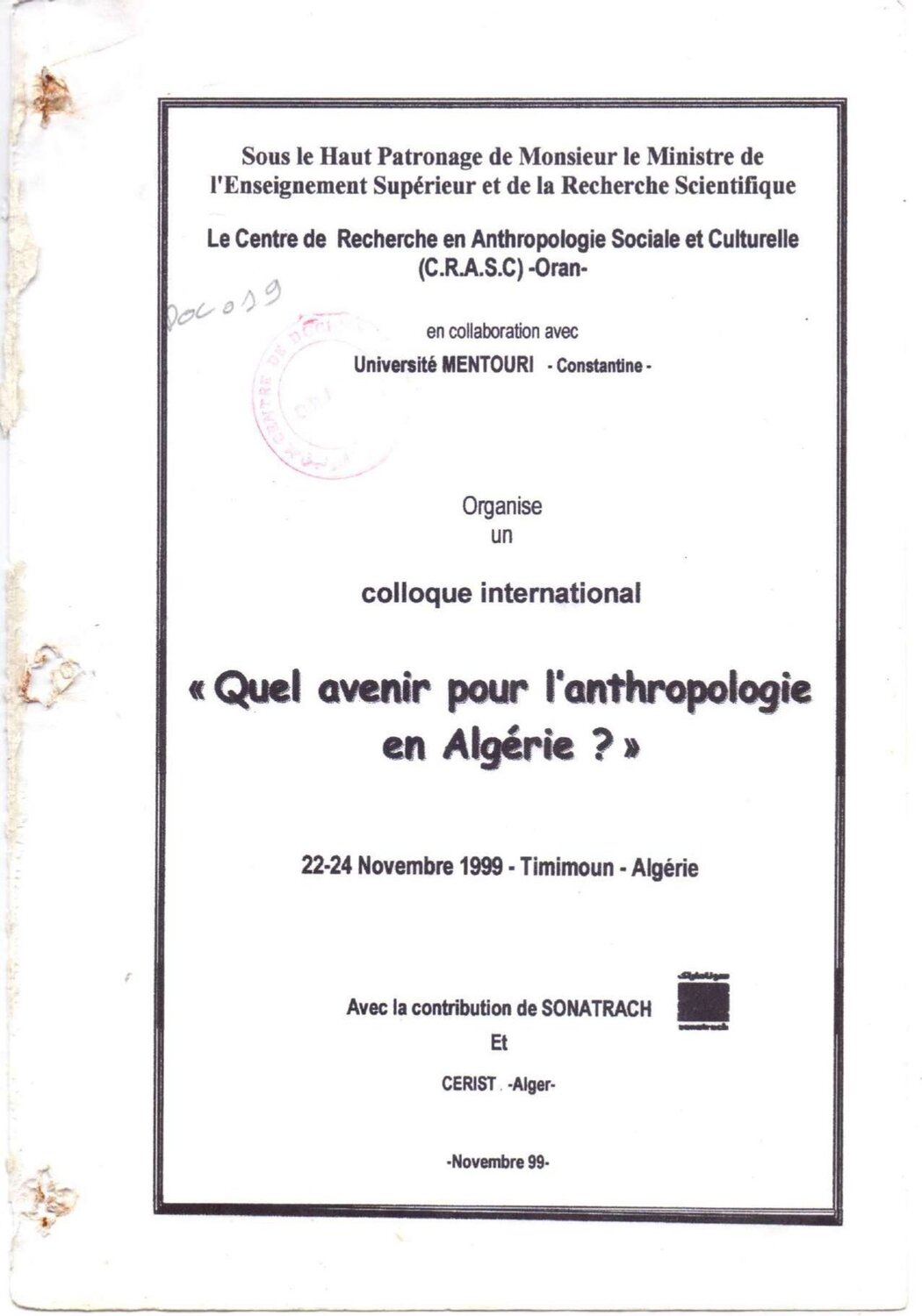 Colloque international: "Quel avenir pour l'anthropologie en Algérie?"