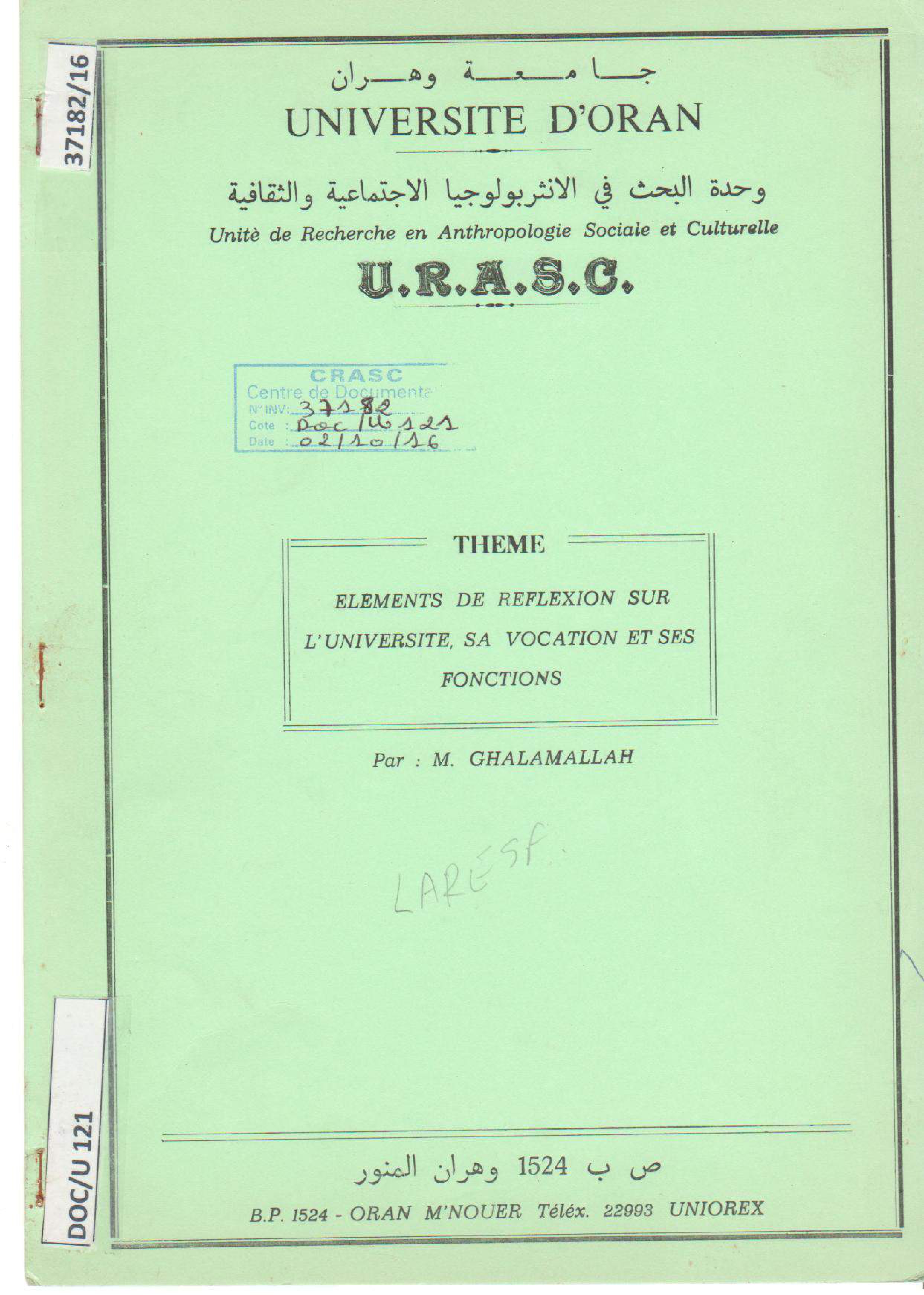 Eléments de réflexion sur l'université, sa vocation et ses fonctions