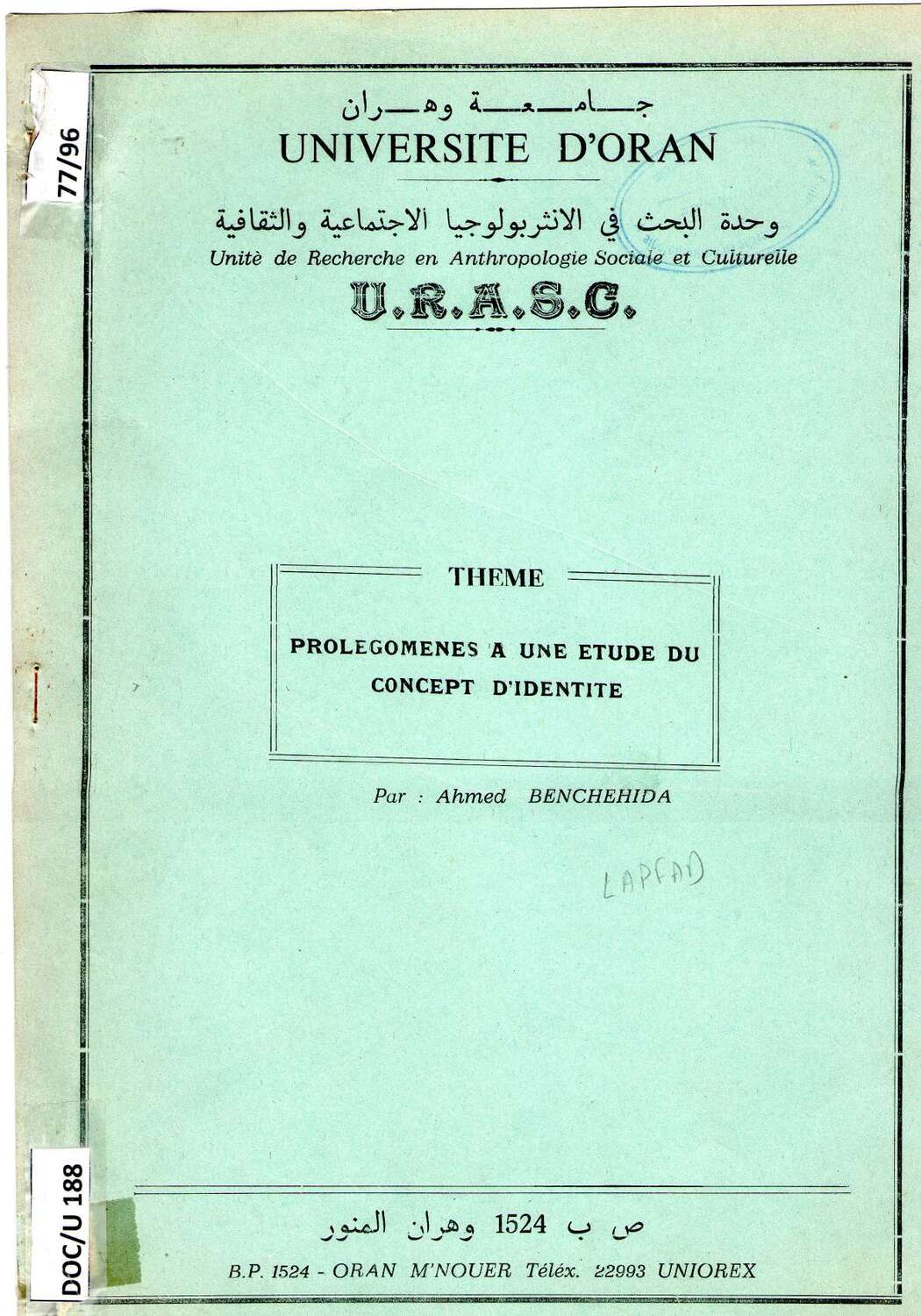 Prolégomènes à une étude du concept d'identité